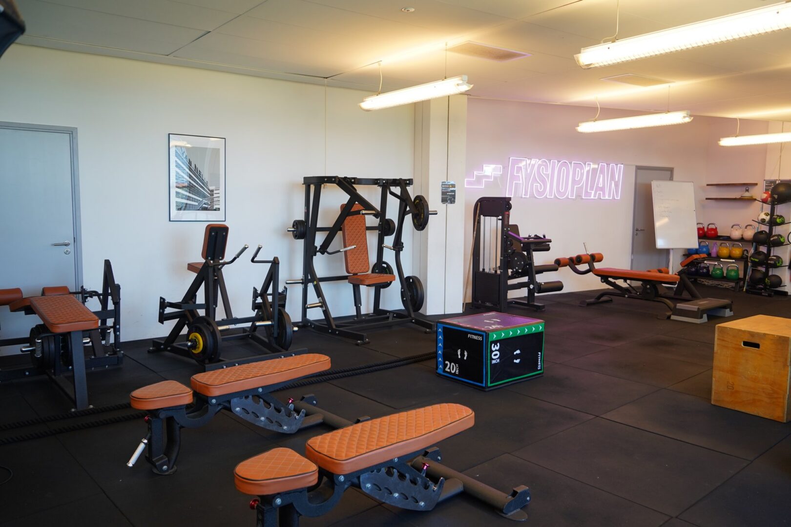 Gym van FYSIOPLAN met krachtapparatuur en plyobox